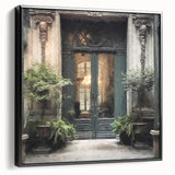 Black and white vintage poster art of a French door architecture on framed canvas, suitable for bedroom wall decor.