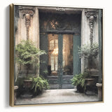 Framed canvas of a vintage poster featuring a black and gold French door landscape, ideal for bedroom wall decor.