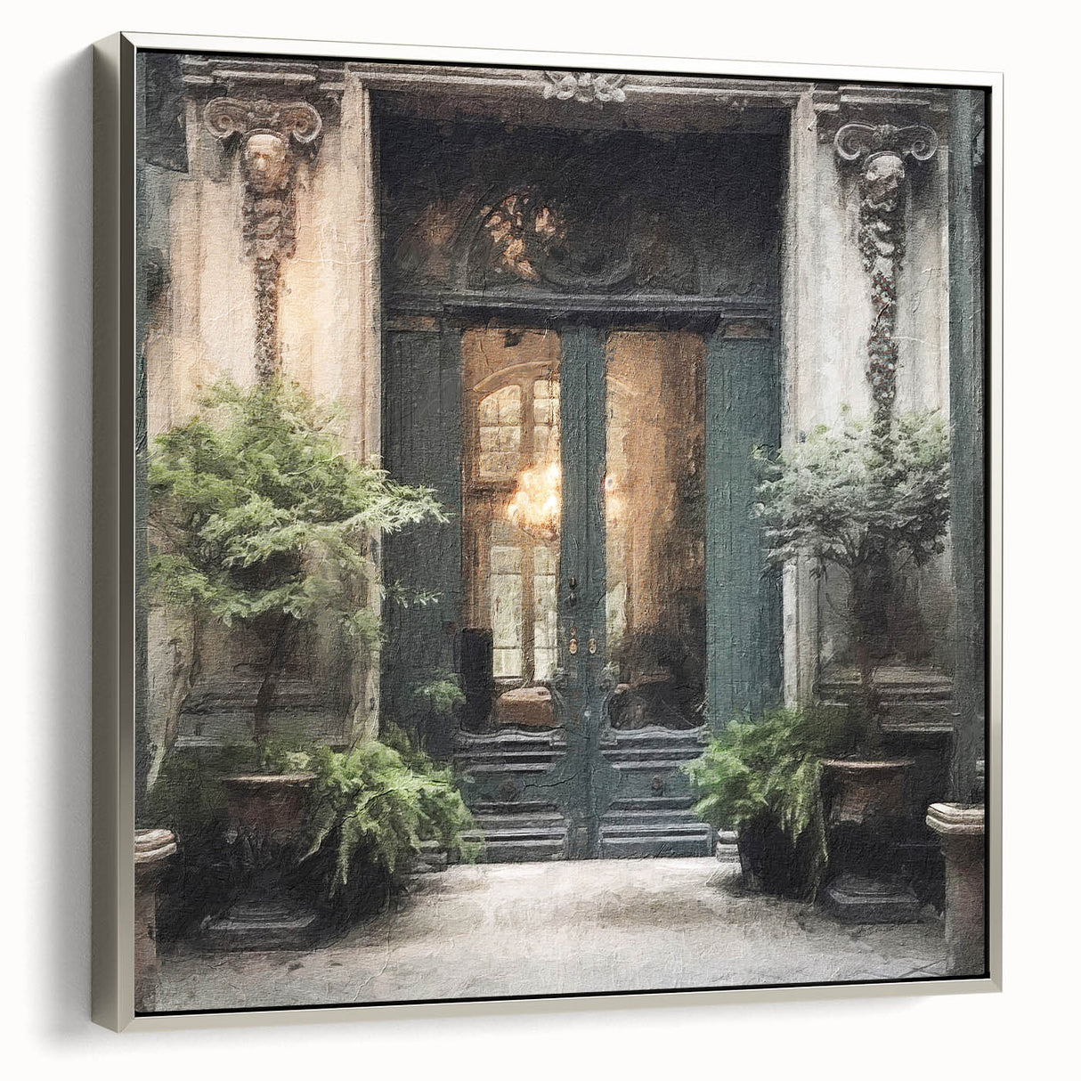 Framed canvas featuring a vintage poster of a French door in black with colorful accents.