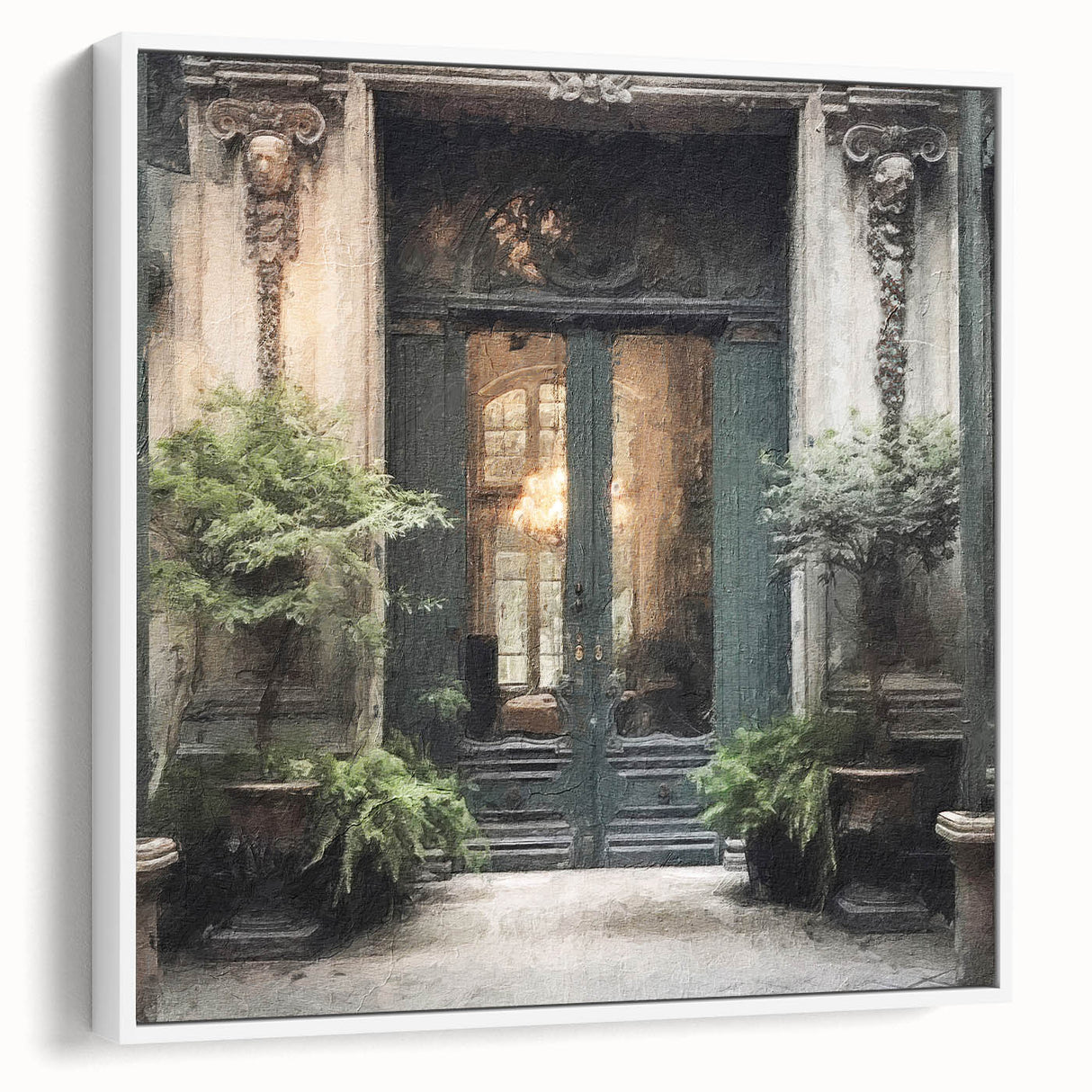 Vintage poster art featuring a detailed illustration of a classic French door in black and white on a framed canvas.
