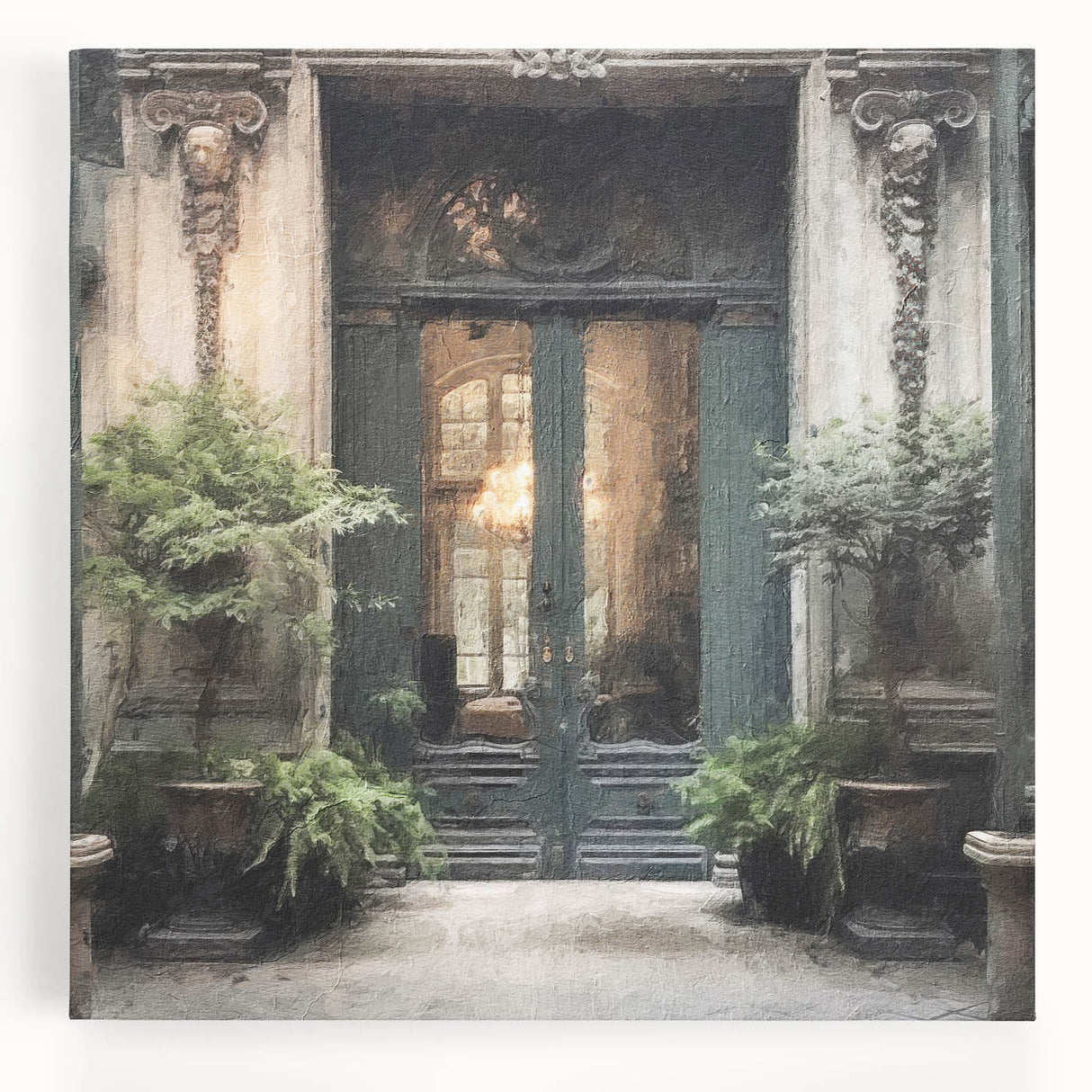 Black and white photo of a French door architecture on stretched canvas, suitable as large kitchen art.