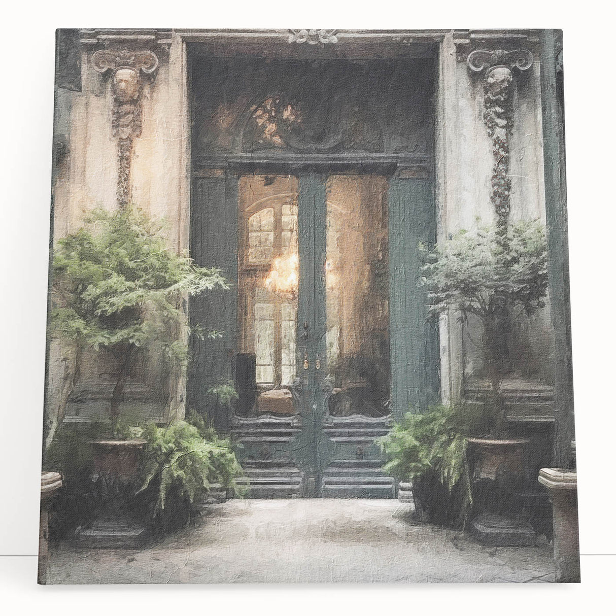 Black and white photograph of a French door architecture on stretched canvas.