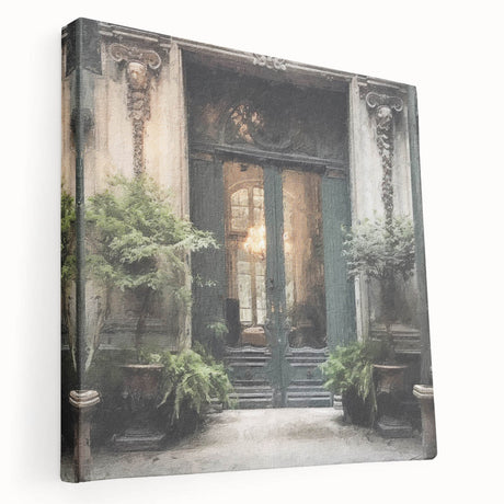 Large stretched canvas featuring a detailed French door design in neutral tones, ideal for kitchen wall art.