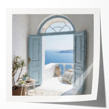 A large acrylic print of a Greek door design, featuring earthy tones and floral accents, suitable for art wall dining room.