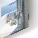 Close-up of a mid-century modernist acrylic print featuring a Greek architecture door, ideal for dining room art.