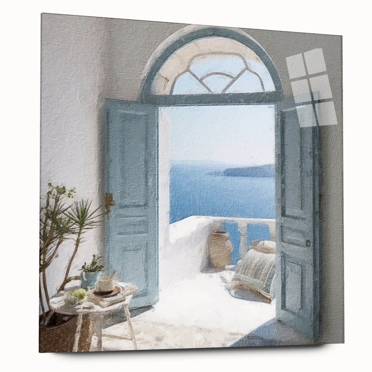 Acrylic print of a Greek architecture door in muted earth tones, suited for bedroom or dining room art.
