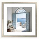 Textured art print featuring an abstract design of a Greek door in muted earth tones, framed in silver.