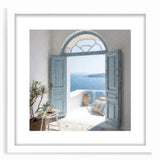 Abstract art print of a Greek door, featuring muted earth tones on a white-matted frame, ideal for dining room decor.