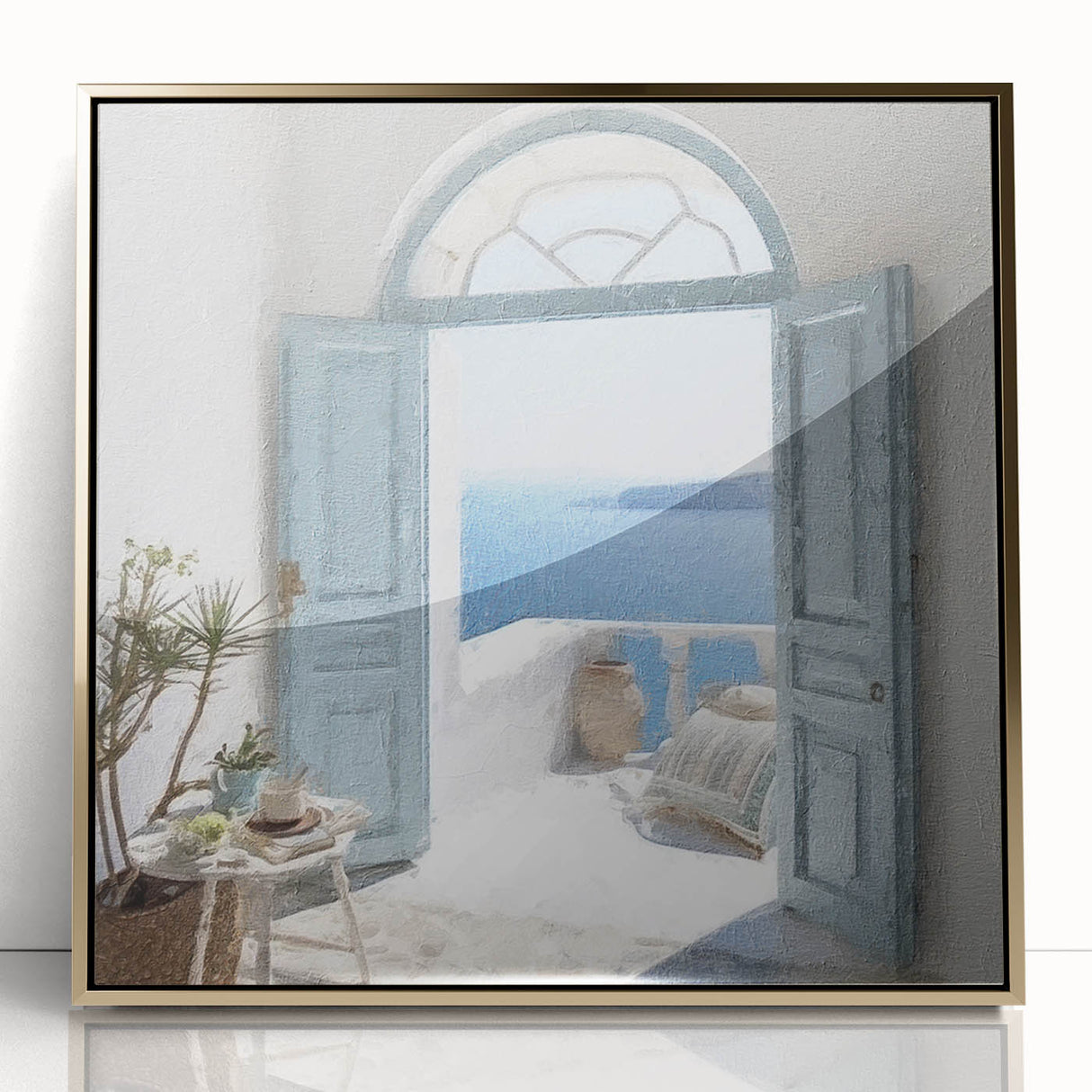 Mid-century modernist acrylic print depicting a Greek architecture door in gold tones, ideal for modern art wall decor.