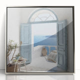 Mid-century modernist art featuring a silver-framed acrylic print of a Greek architecture door, ideal for nursery wall art.