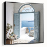 Black and white framed canvas of a vintage Greek door design, ideal for bedroom wall art.