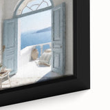 Black framed canvas featuring a close-up of a Greek door design in vibrant colors, ideal for living room decor.