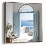 Landscape art painting featuring a Greek door in vintage poster style on framed canvas, with black and colorful art accents.