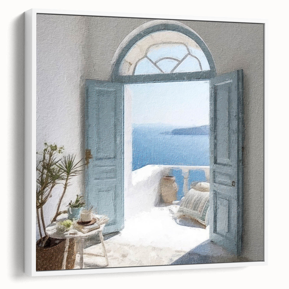 Framed canvas of vintage poster art featuring a Greek door design in black and colorful tones, ideal for living room decor.