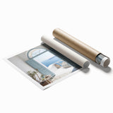 Extra large rolled print of a Greek architecture door with floral art, in muted earth tones.