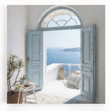 Black and white photo of a Greek architecture door on stretched canvas, ideal for kitchen wall art.