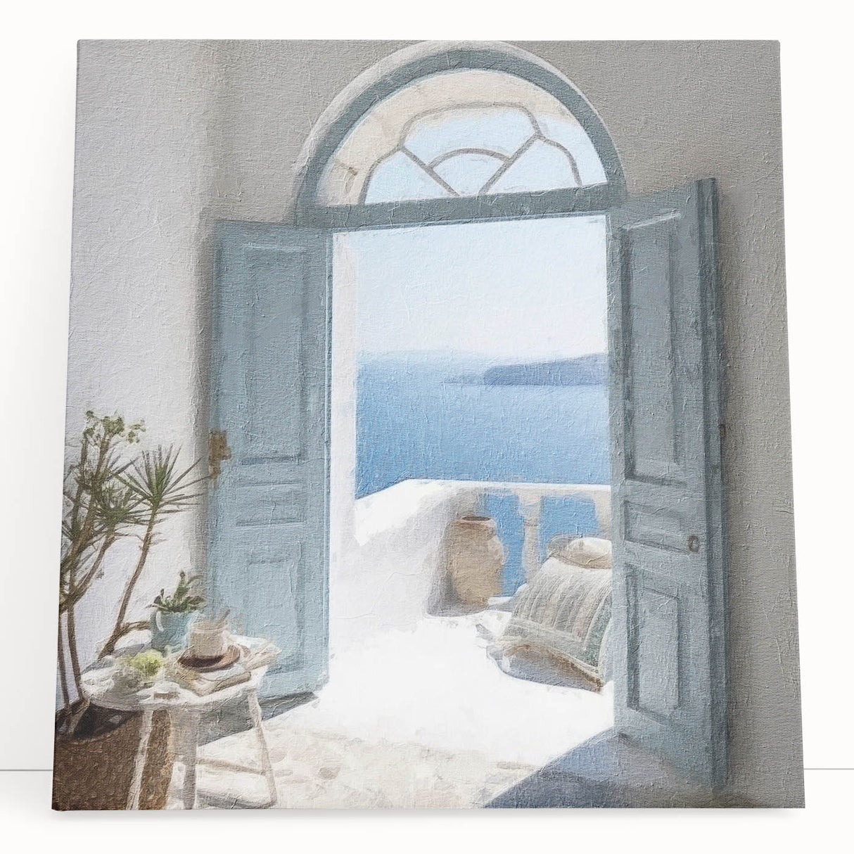 Black and white photo of a Greek architecture door on stretched canvas, ideal for kitchen wall art or bedroom.