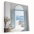 Side view of a large stretched canvas featuring a Greek architecture door design in neutral tones.