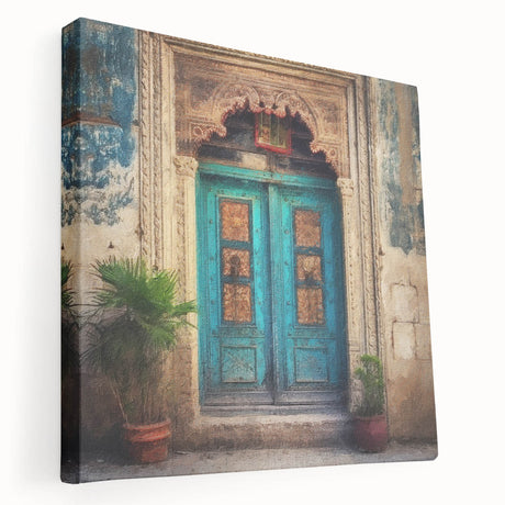 Traditional Indian door design on stretched canvas, featuring rich brown and tan hues, ideal for kitchen wall art.