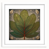 Floral and botanical wall art framed with a white mat, showcasing vibrant colors and intricate leaf designs, ideal for home decor enhancement.