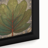 Close-up of a framed canvas wall art depicting a vibrant floral design with green leaves, showcasing intricate details and rich colors for home decor enhancement.