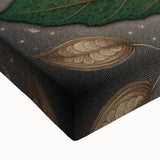 Close-up of a vibrant floral and botanical leaves wall art design on stretched canvas, showcasing rich colors and intricate details, perfect for home decor.