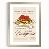 Textured art depicting abstract food dishes in muted earth tones on a framed silver mat, ideal for dining room decor.