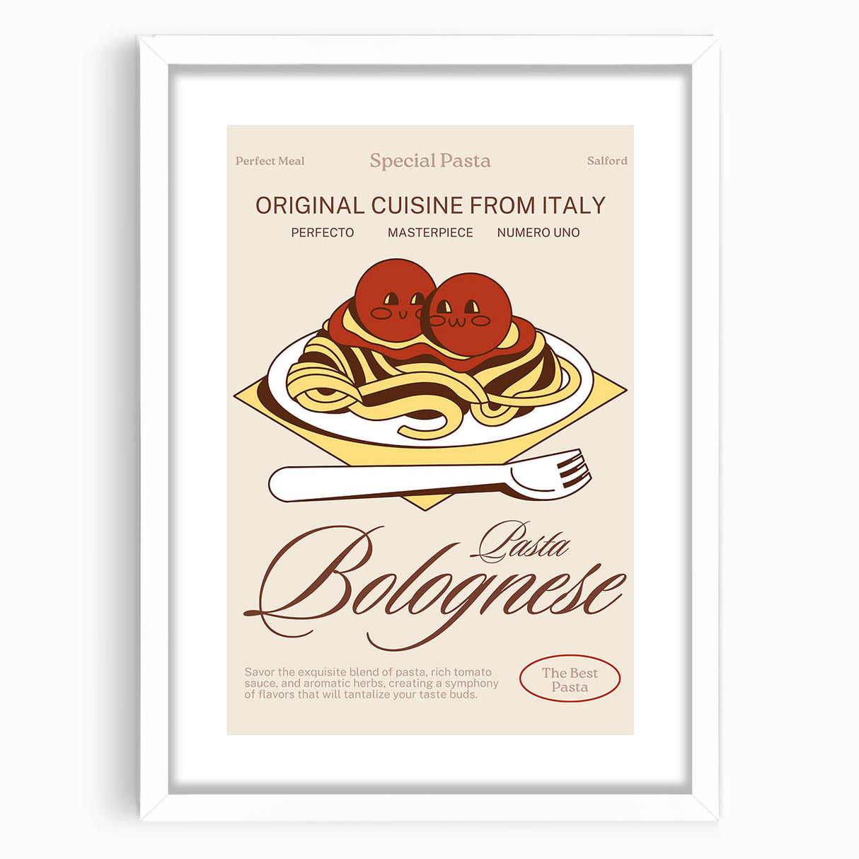 Abstract art print featuring an array of colorful food dishes on a white framed mat, ideal for dining room decor.