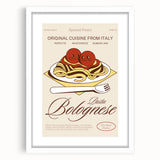 Abstract art print featuring an array of colorful food dishes on a white framed mat, ideal for dining room decor.