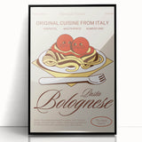 Large abstract wall art featuring assorted food dishes in mid-century modernist style, framed in black acrylic.