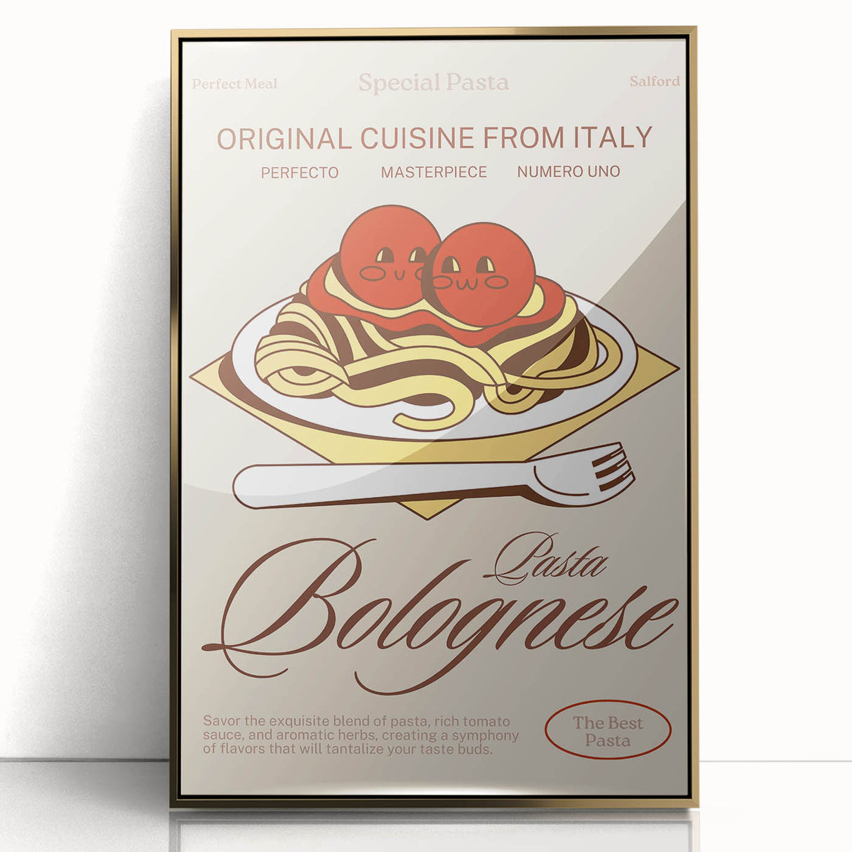 Large art print of assorted food dishes in gold frames, styled in mid-century modernist art, ideal for modern kitchen decor.