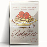 Mid-century modernist art featuring an array of stylized food dishes in muted colors, framed in silver acrylic.