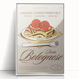 Acrylic print of assorted food dishes in art deco style, with a white frame, suitable for modern kitchen decor.