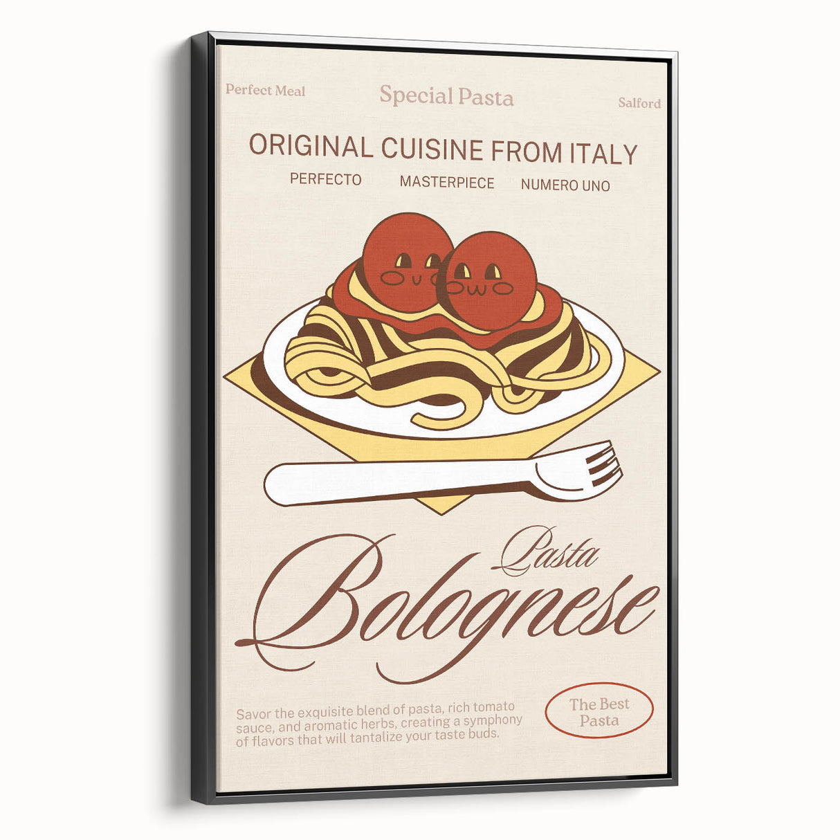 Black and white framed canvas featuring a vintage poster of assorted food dishes, ideal for bedroom wall decor.