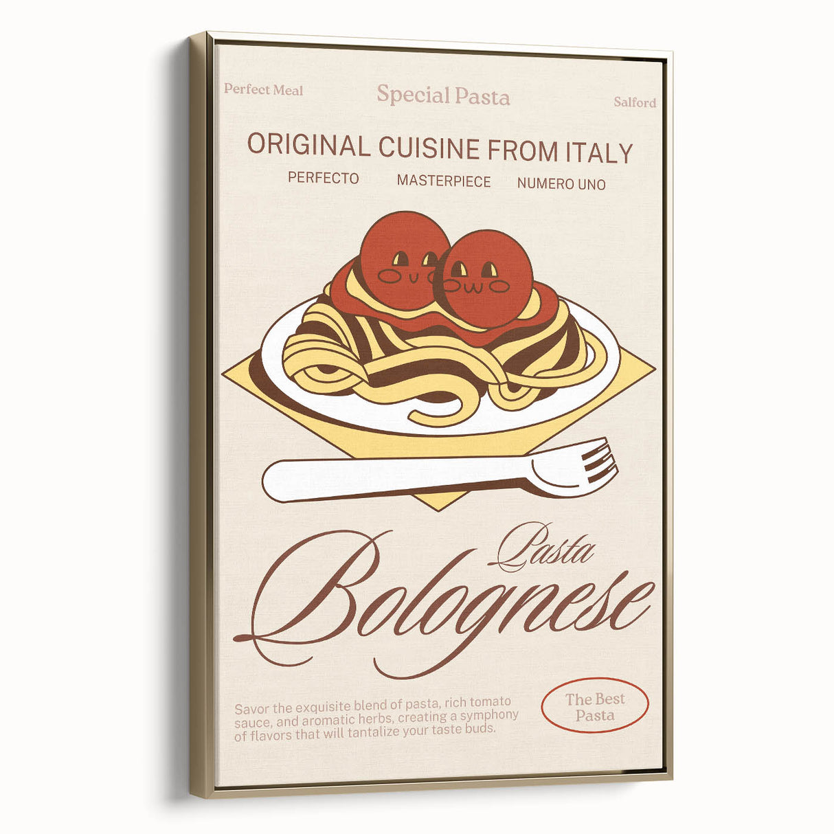 Framed canvas wall art featuring a vintage poster of various food dishes, set against a black background.