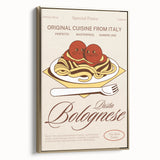 Framed canvas wall art featuring a vintage poster of various food dishes, set against a black background.