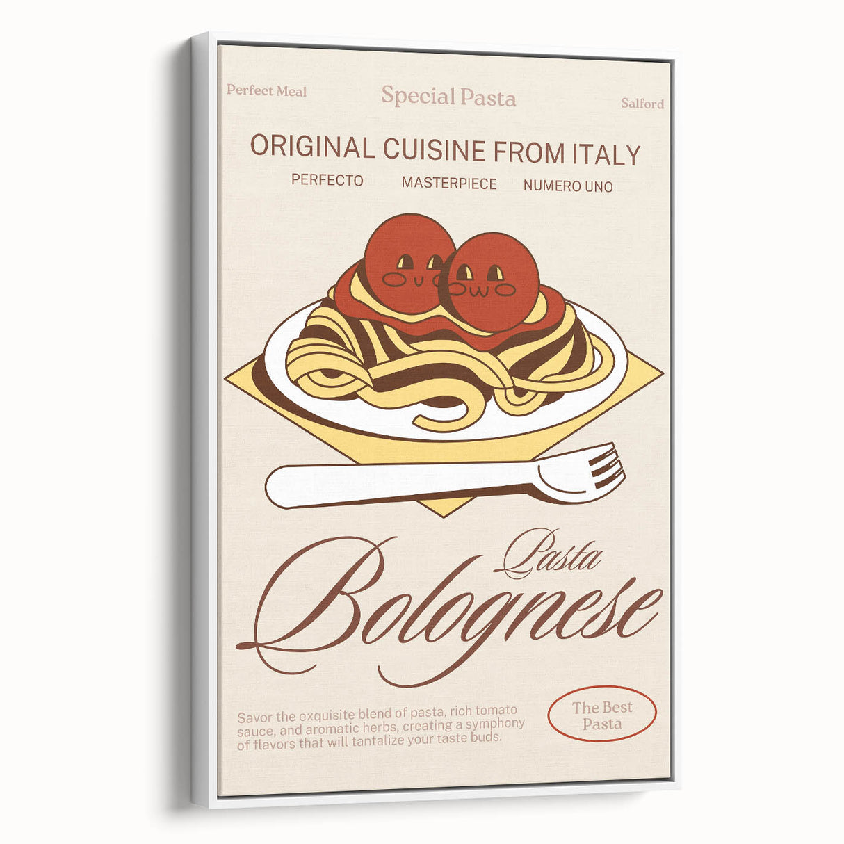 Vintage poster art of colorful food dishes on black background, framed canvas, ideal for living room decor.