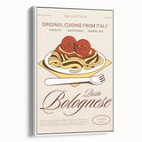 Vintage poster art of colorful food dishes on black background, framed canvas, ideal for living room decor.