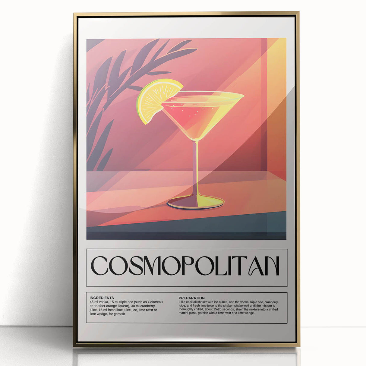 Art deco poster of food and drinks in vibrant gold tones on acrylic, framed, ideal for modern kitchen decor.