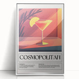 Mid-century modernist art deco poster featuring a stylized food and drinks motif in pastel shades, framed in white acrylic.