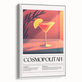 Vintage poster art of colorful food and drinks on a black background, framed canvas, ideal for living room decor.