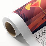 Art deco poster featuring vibrant fruits and beverages on rolled canvas, suitable for dining room decor.