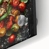 Large abstract wall art featuring assorted fruits in vibrant colors on acrylic glass, ideal for dining room art.