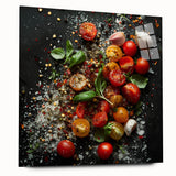 Large abstract wall art featuring assorted fruits in vibrant colors on acrylic glass, ideal for bedroom or dining room decor.