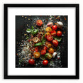 Extra large colorful abstract art print of assorted fruits, with textured details on a black framed matte canvas.