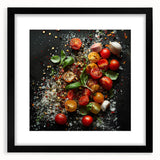 Extra large colorful abstract art print of assorted fruits, with textured details on a black framed matte canvas.