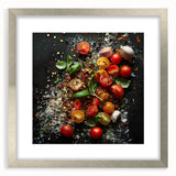 Textured abstract art print of assorted fruits in muted colors, framed in silver, ideal for kitchen wall decor.