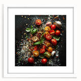 Abstract art print of assorted fruits in vibrant colors on a white framed canvas, ideal for dining room decor.