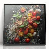 Large abstract wall art featuring assorted fruits in bold colors on a black acrylic framed print.