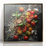 Large art print featuring a mid-century modernist style array of fruits in vibrant colors on a framed acrylic canvas.